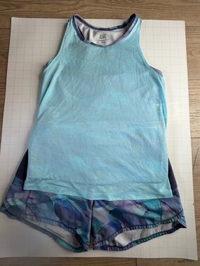 Athleta Girl Record Breaker Short & Tank Set XL 14 Blue Purple Watercolor 2PC